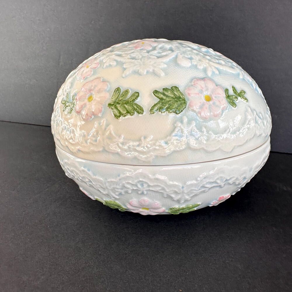 Large 2 Part Molded Decorative Ceramic Egg Embossed Design 5.5” x 6.75” x 5.25”